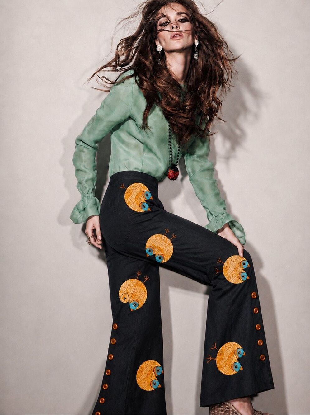Vintage 60s 70s Chicken Novelty Print Flare Pants Womens M Handmade Hippie